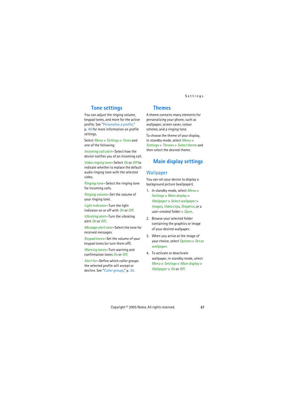 Tone settings, Themes, Main display settings | Wallpaper, Tone settings themes main display settings | Nokia 3155 User Manual | Page 55 / 95