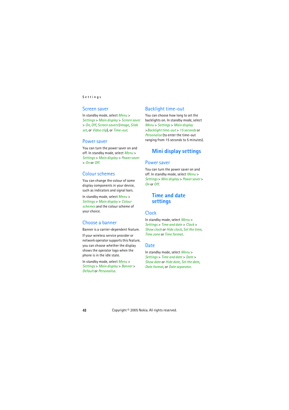 Screen saver, Power saver, Colour scheme | Choose a banner, Backlight timeout, Mini display settings, Time and date settings, Clock, Date, Clock date | Nokia 3155 User Manual | Page 56 / 95