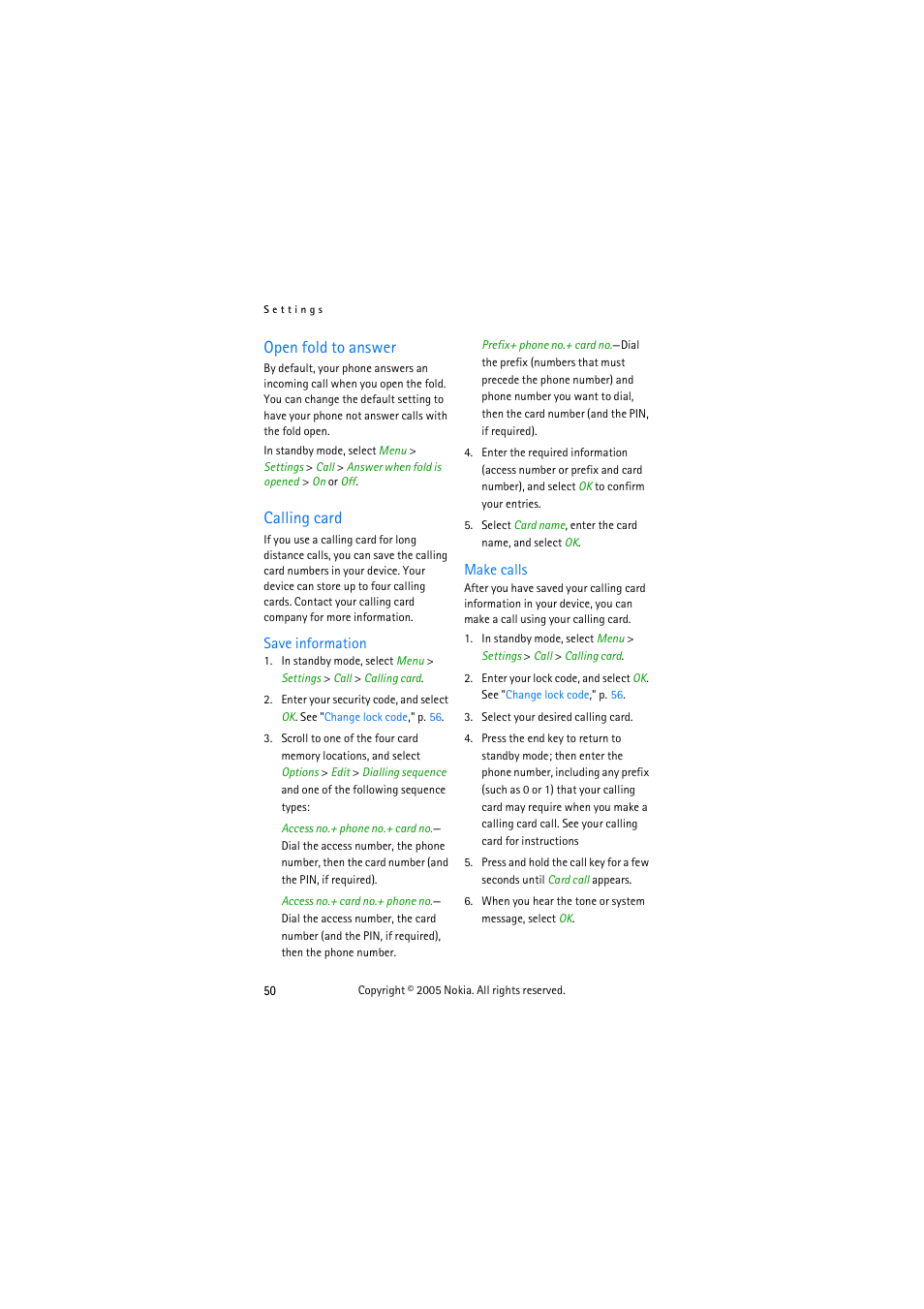 Open fold to answer, Calling card, Open fold to answer calling card | Nokia 3155 User Manual | Page 58 / 95