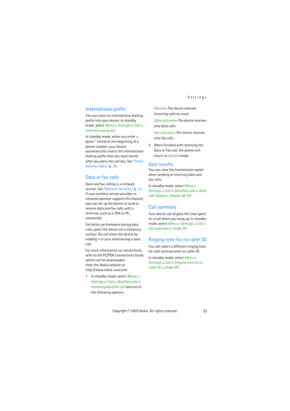 International prefix, Data or fax calls, Call summary | Ringing tone for no caller id | Nokia 3155 User Manual | Page 59 / 95