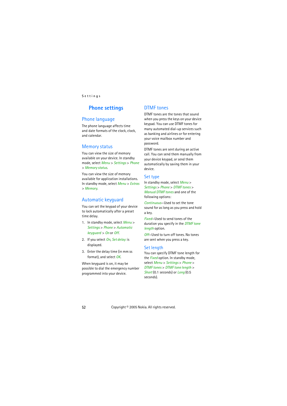 Phone settings, Phone language, Memory | Automatic keyguard, Dtmf tones | Nokia 3155 User Manual | Page 60 / 95