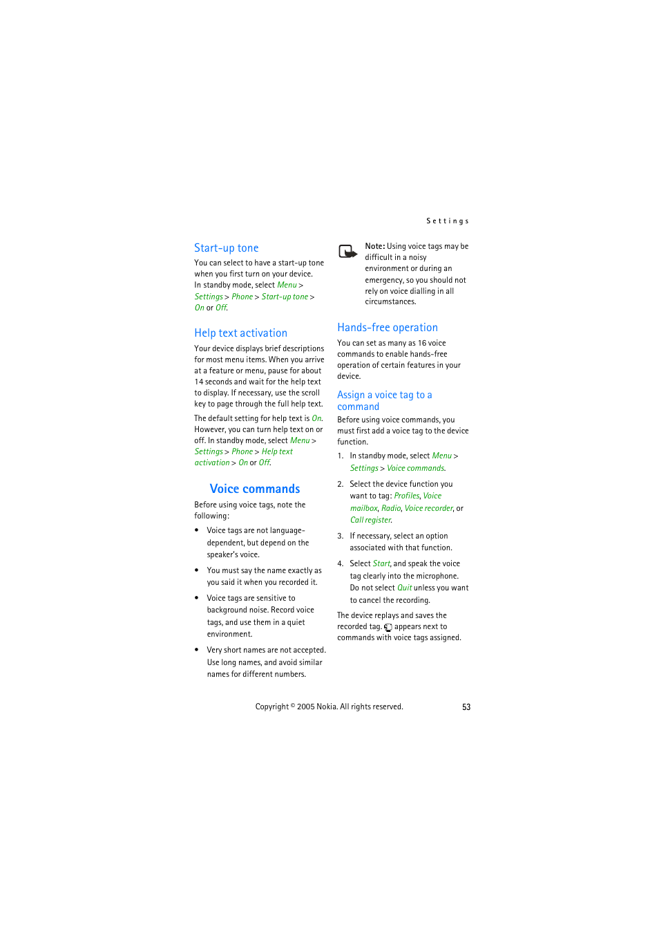 Start-up tone, Help text activation, Voice commands | Hands-free operation, Start-up tone help text activation | Nokia 3155 User Manual | Page 61 / 95