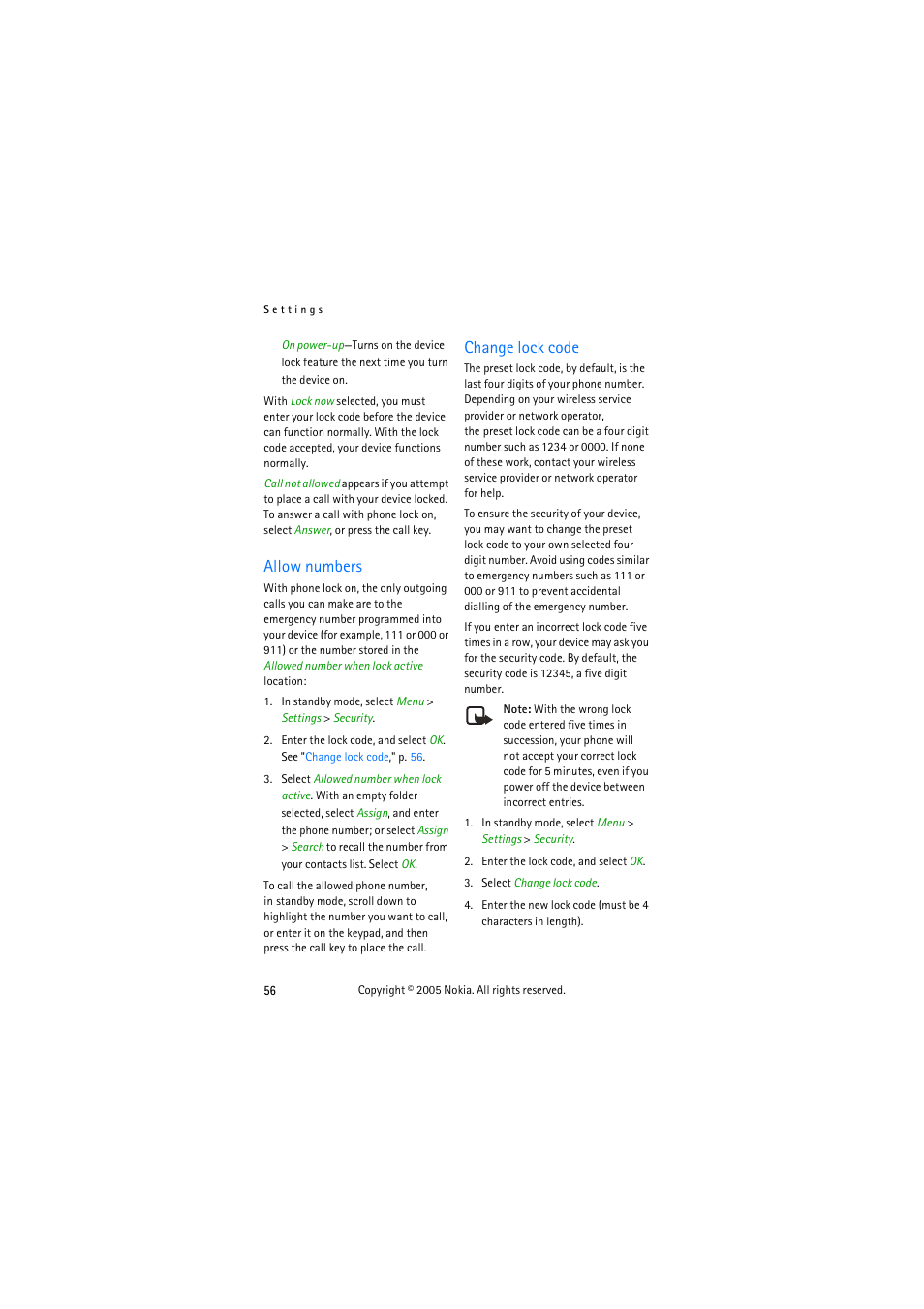 Allow numbers, Change lock code, Allow numbers change lock code | Change lock, Code | Nokia 3155 User Manual | Page 64 / 95