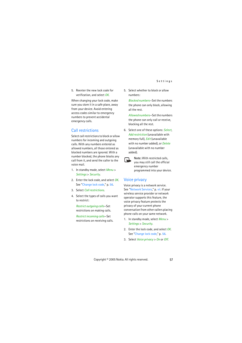 Call restrictions, Voice privacy, Call restrictions voice privacy | Nokia 3155 User Manual | Page 65 / 95