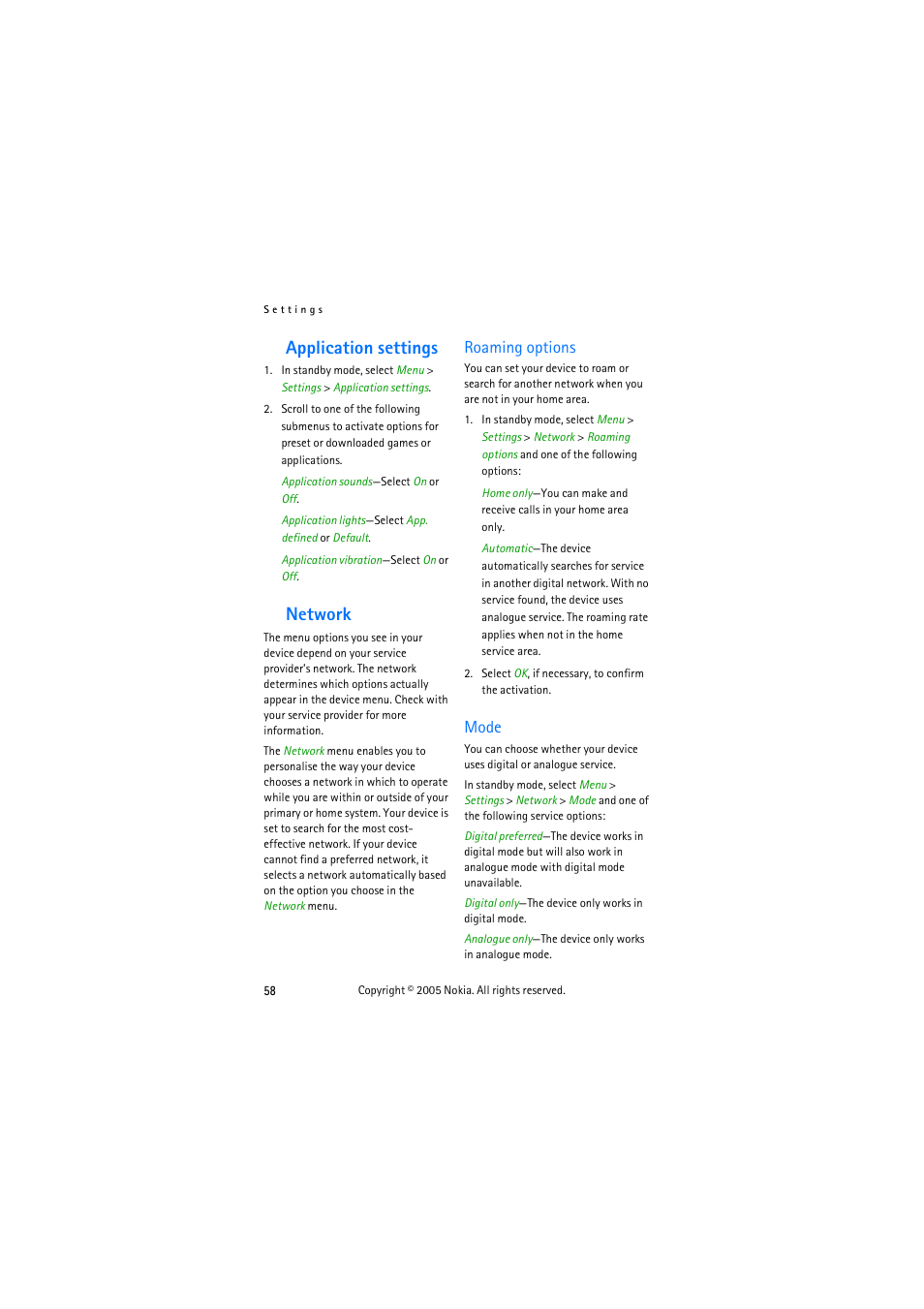 Application settings, Network, Roaming options | Mode, Application settings network, Roaming options mode | Nokia 3155 User Manual | Page 66 / 95