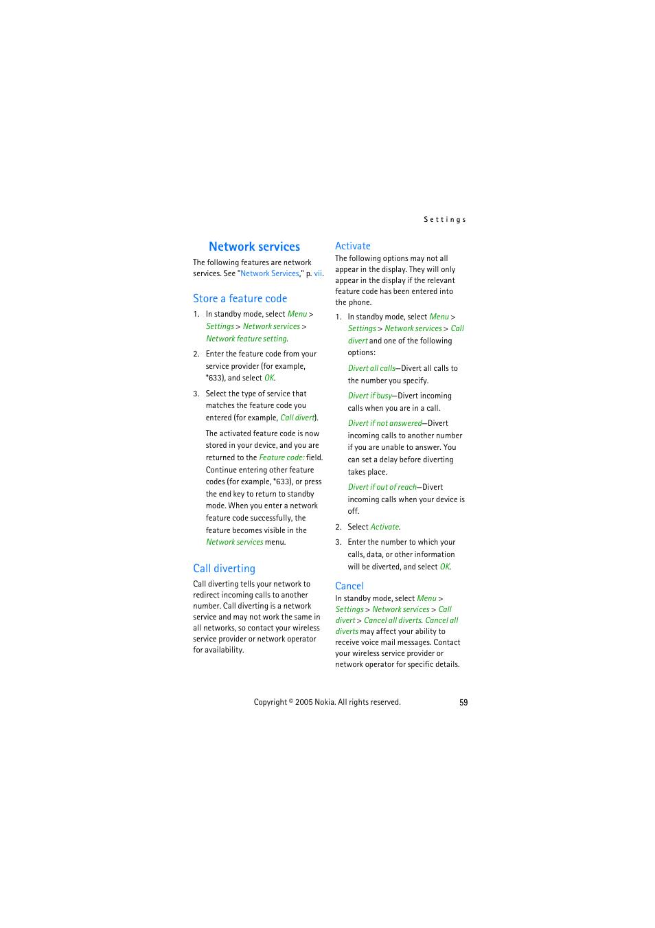 Network services, Store a feature code, Call diverting | Store a feature code call diverting | Nokia 3155 User Manual | Page 67 / 95