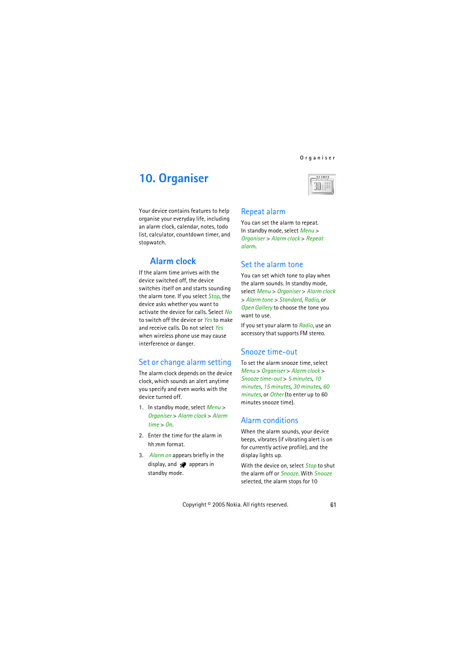 Organiser, Alarm clock, Set or change alarm setting | Repeat alarm, Set the alarm tone, Snooze time-out, Alarm conditions | Nokia 3155 User Manual | Page 69 / 95