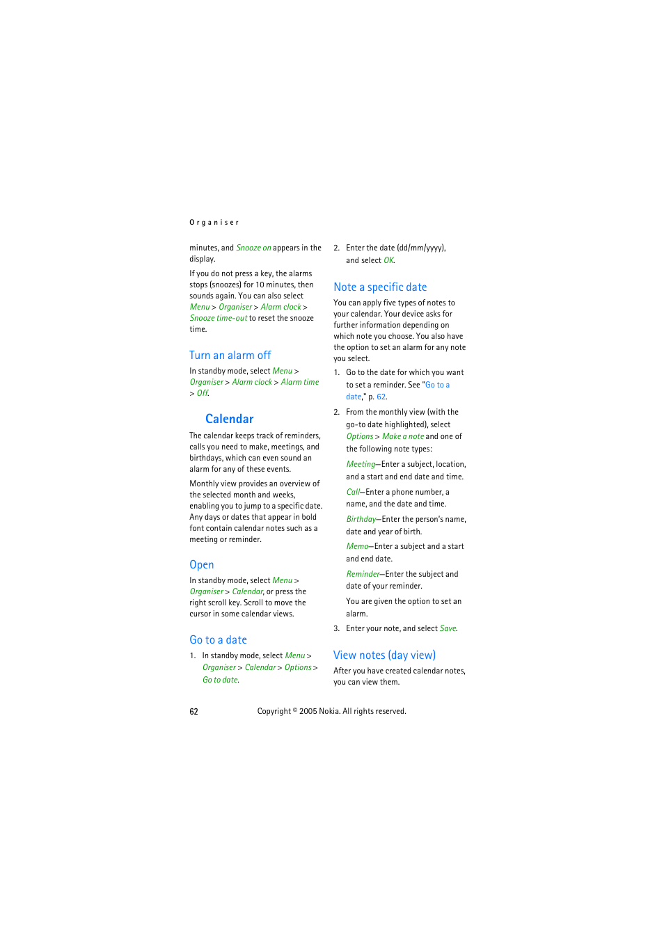 Turn an alarm off, Calendar, Open | Go to a date, Note a specific date, View notes (day view) | Nokia 3155 User Manual | Page 70 / 95