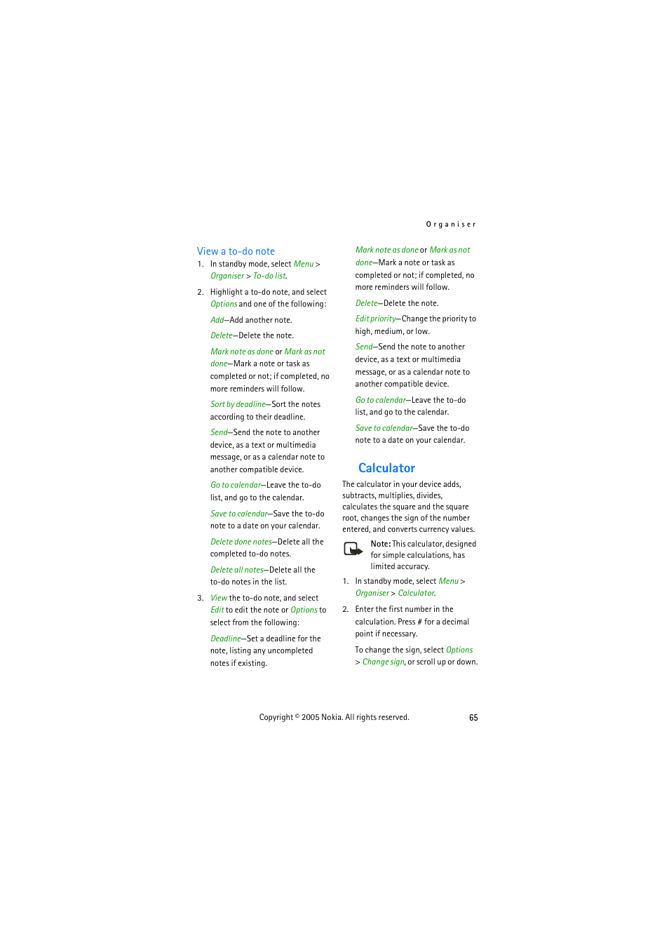 Calculator | Nokia 3155 User Manual | Page 73 / 95