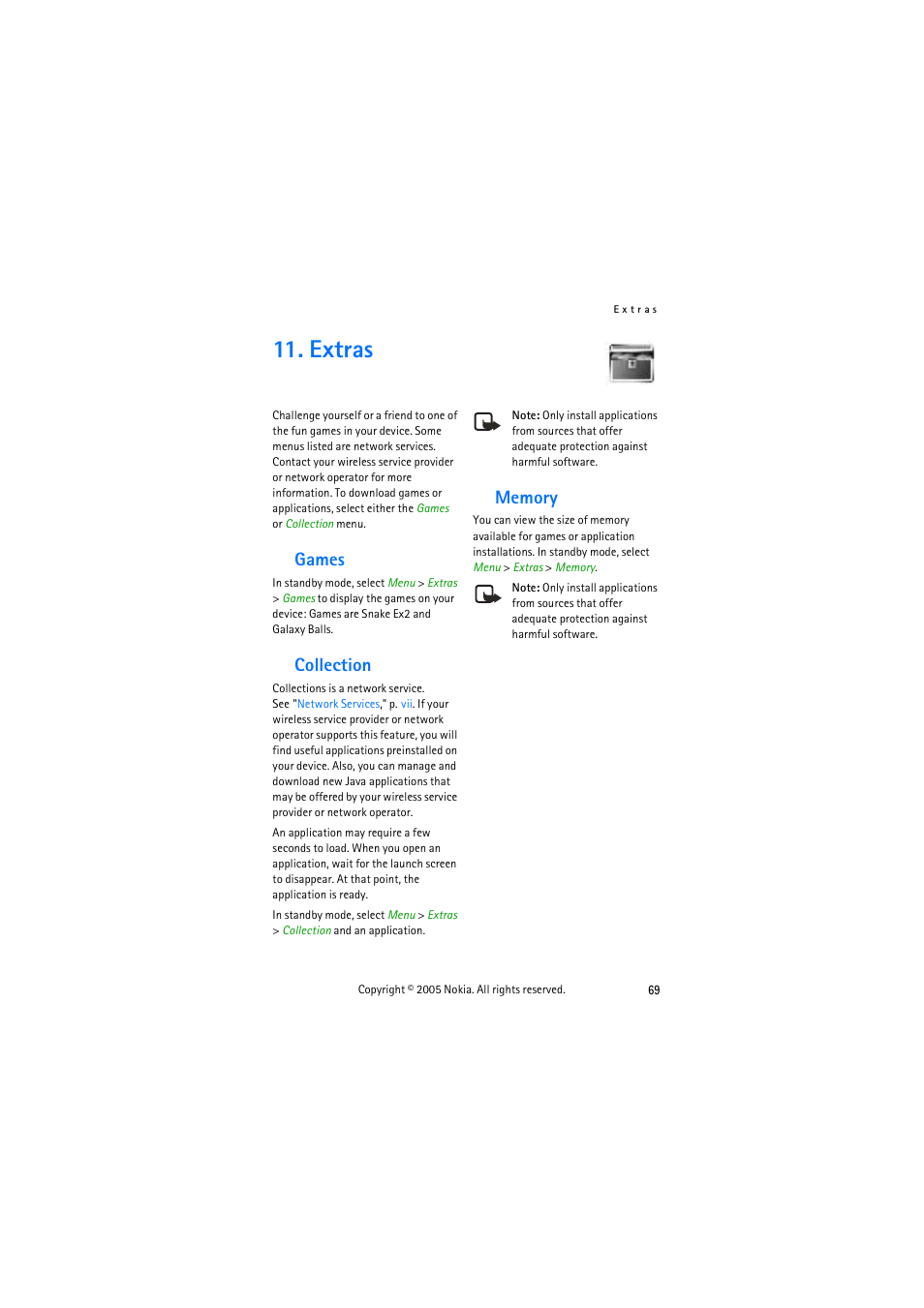 Extras, Games, Collections | Memory, Games collection memory, Collection | Nokia 3155 User Manual | Page 77 / 95