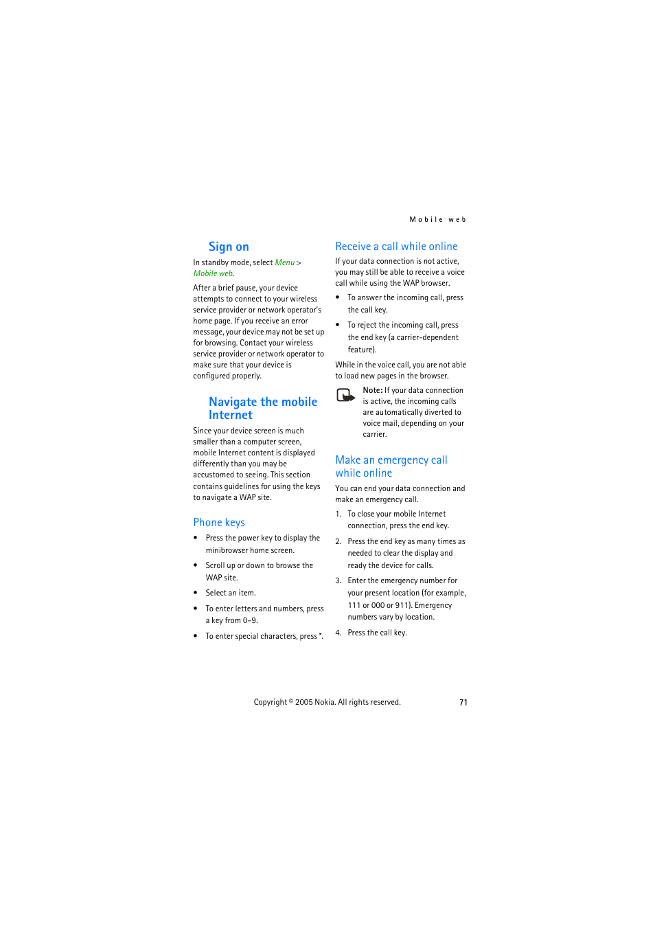 Sign on, Navigate the mobile internet, Phone keys | Receive a call while online, Make an emergency call while online, Sign on navigate the mobile internet | Nokia 3155 User Manual | Page 79 / 95