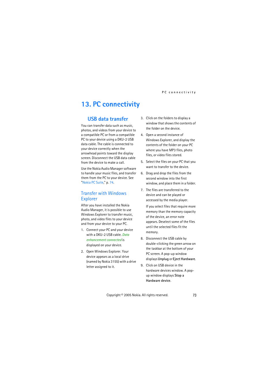 Pc connectivity, Usb data transfer, Transfer with windows explorer | Transfer with windows explorer . 73 | Nokia 3155 User Manual | Page 81 / 95