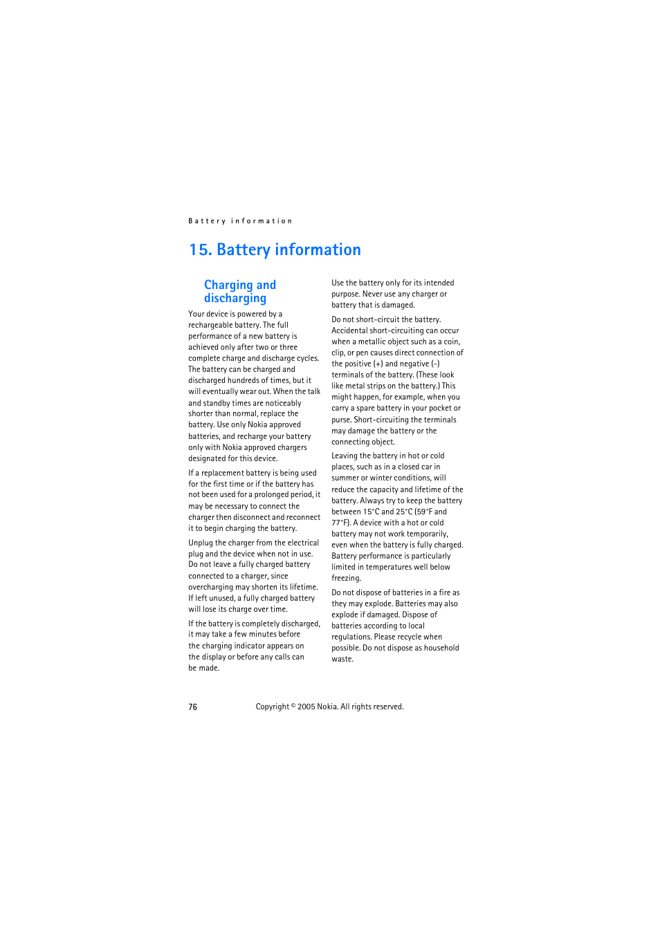 Battery information, Charging and discharging | Nokia 3155 User Manual | Page 84 / 95