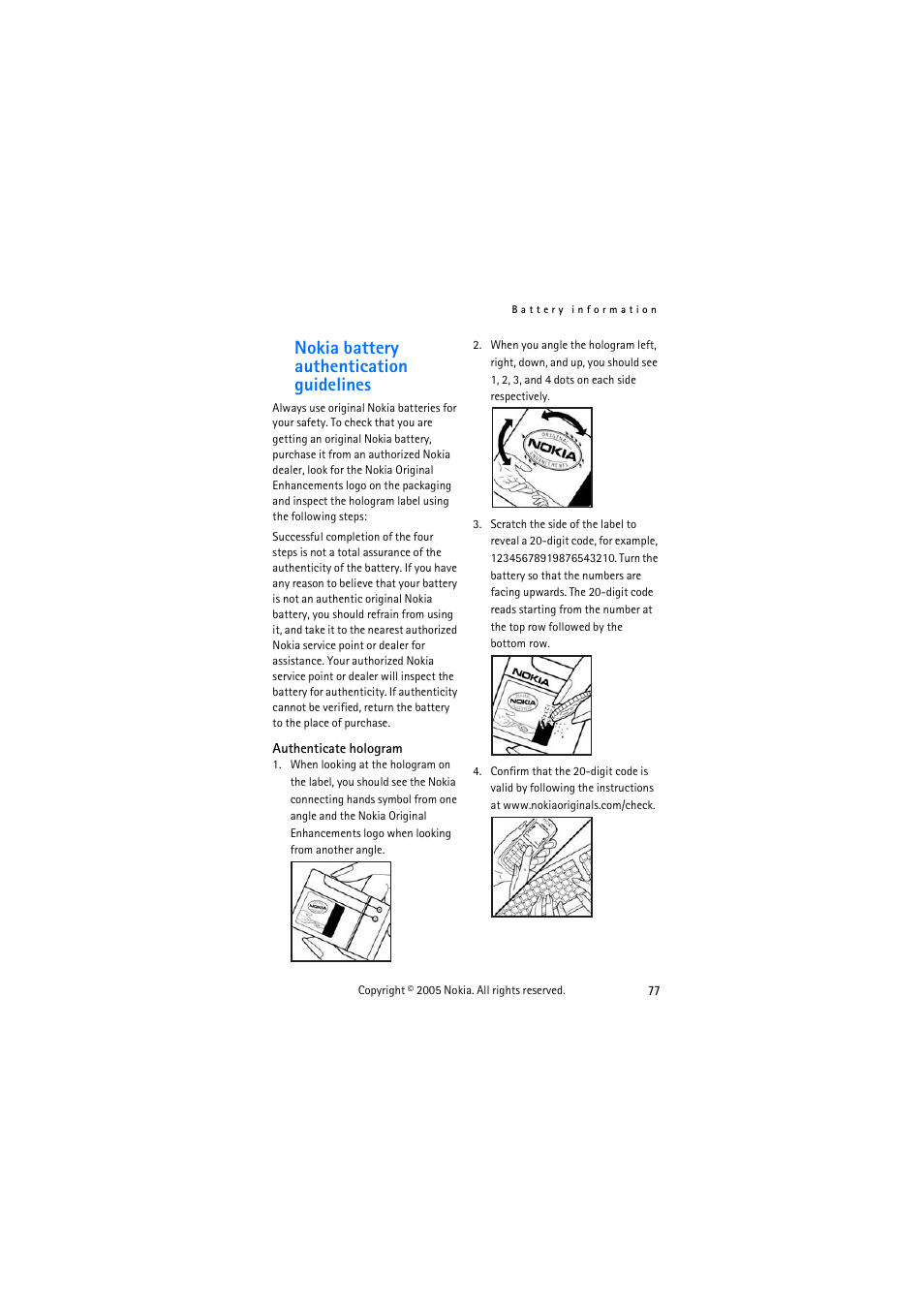 Nokia battery authentication guidelines | Nokia 3155 User Manual | Page 85 / 95