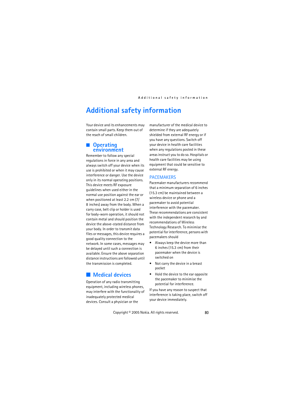 Additional safety information, Operating environment, Medical devices | Nokia 3155 User Manual | Page 88 / 95