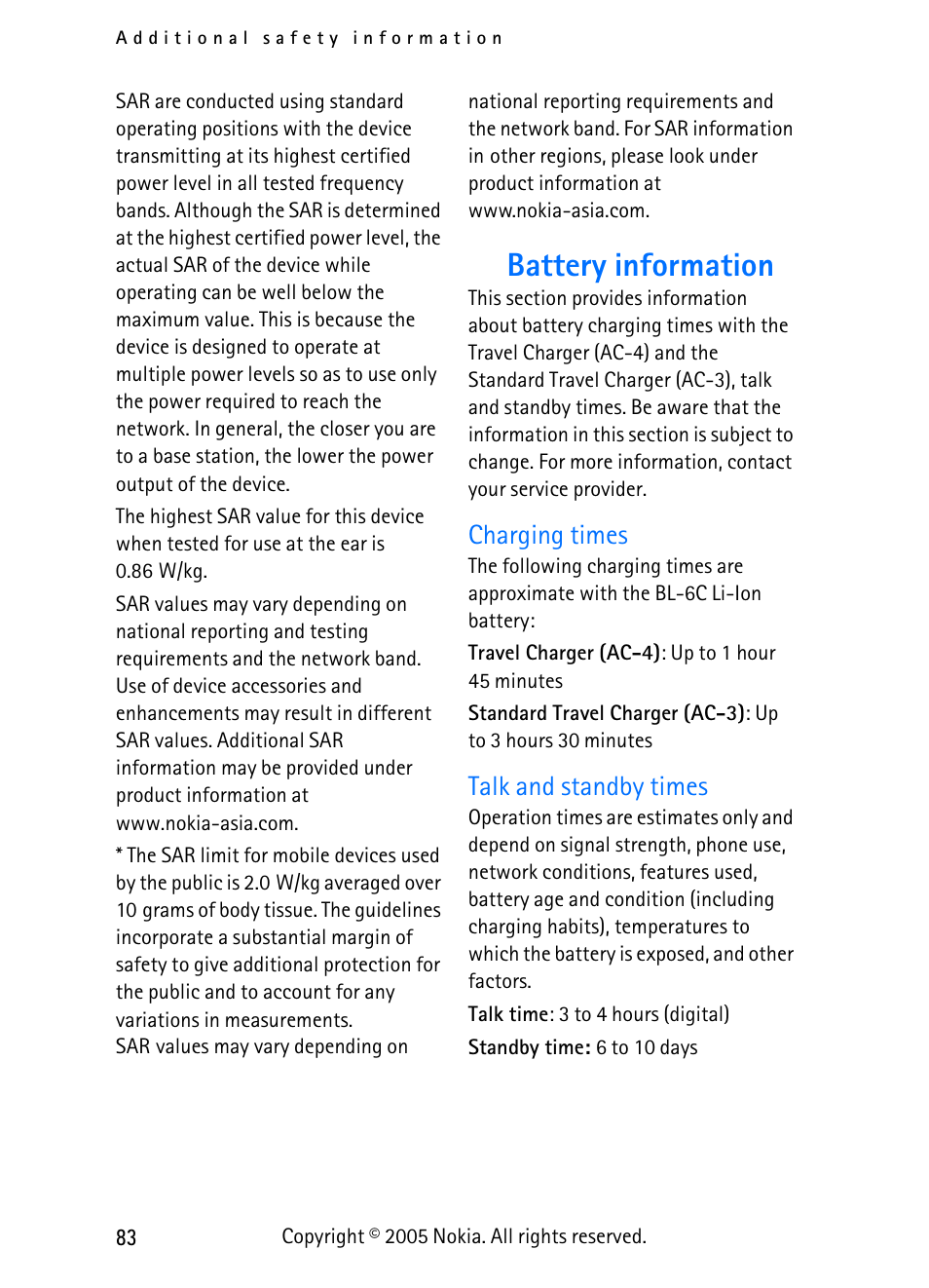 Battery information | Nokia 3155 User Manual | Page 91 / 95