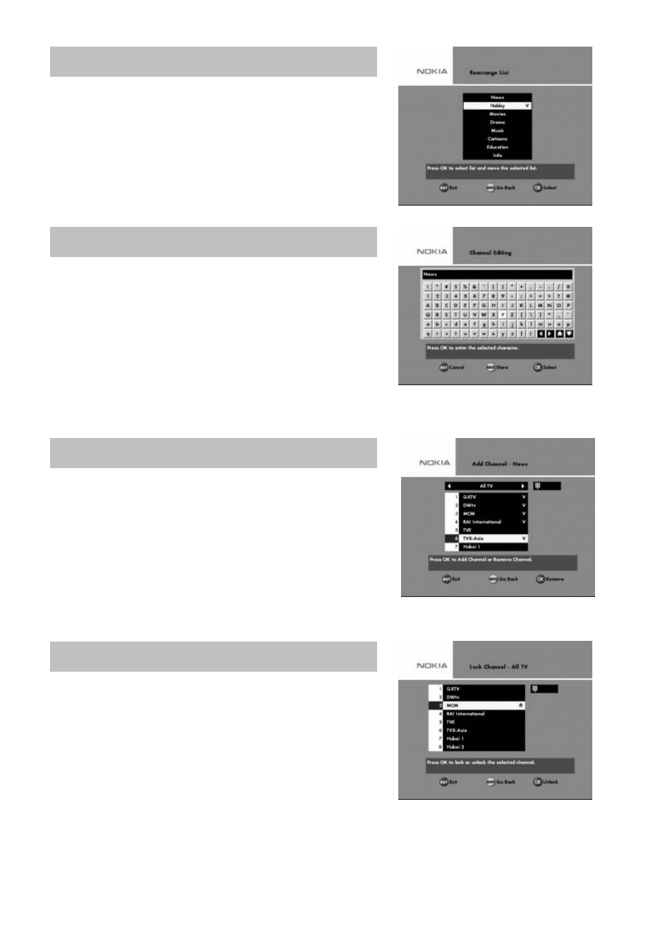 Rearrange list, Rename list, Add channels | Lock channels | Nokia 9400 S User Manual | Page 18 / 28