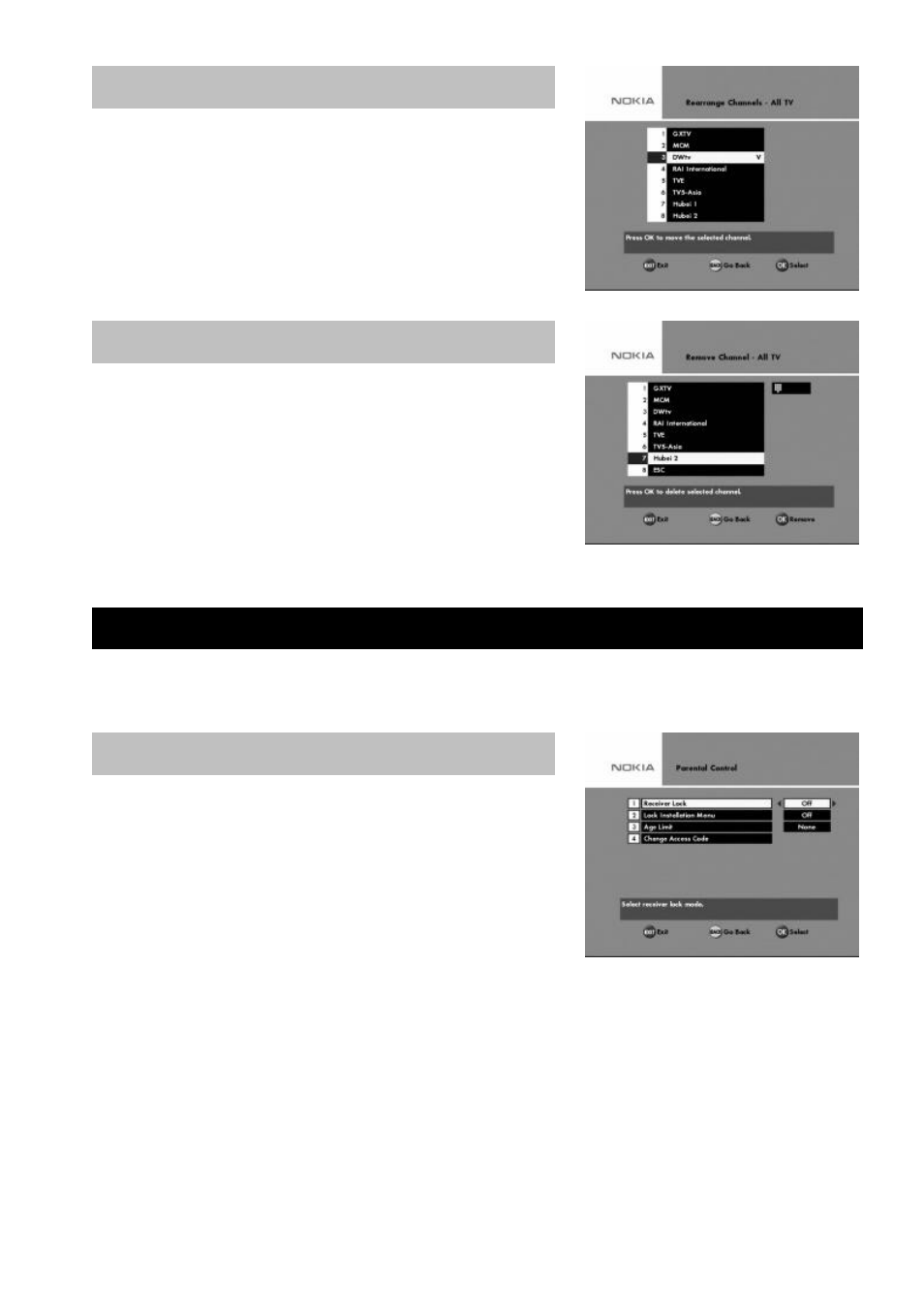 Rearrange channels, Remove channels, User preferences | Parental control | Nokia 9400 S User Manual | Page 19 / 28