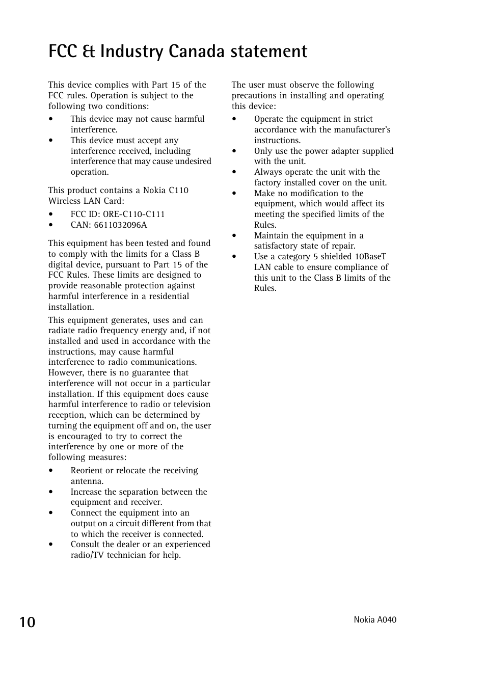 Fcc & industry canada statement | Nokia WIRELESS LAN ADAPTER A040 User Manual | Page 10 / 10