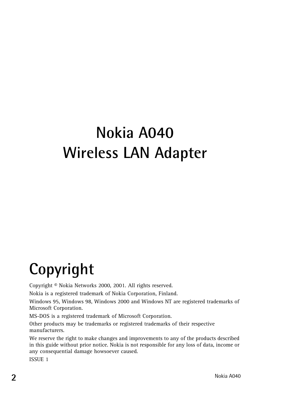 Nokia a040 wireless lan adapter copyright | Nokia WIRELESS LAN ADAPTER A040 User Manual | Page 2 / 10