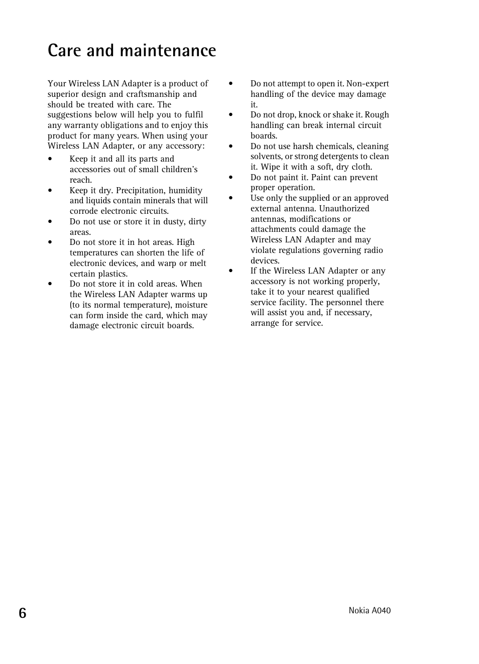 Care and maintenance | Nokia WIRELESS LAN ADAPTER A040 User Manual | Page 6 / 10