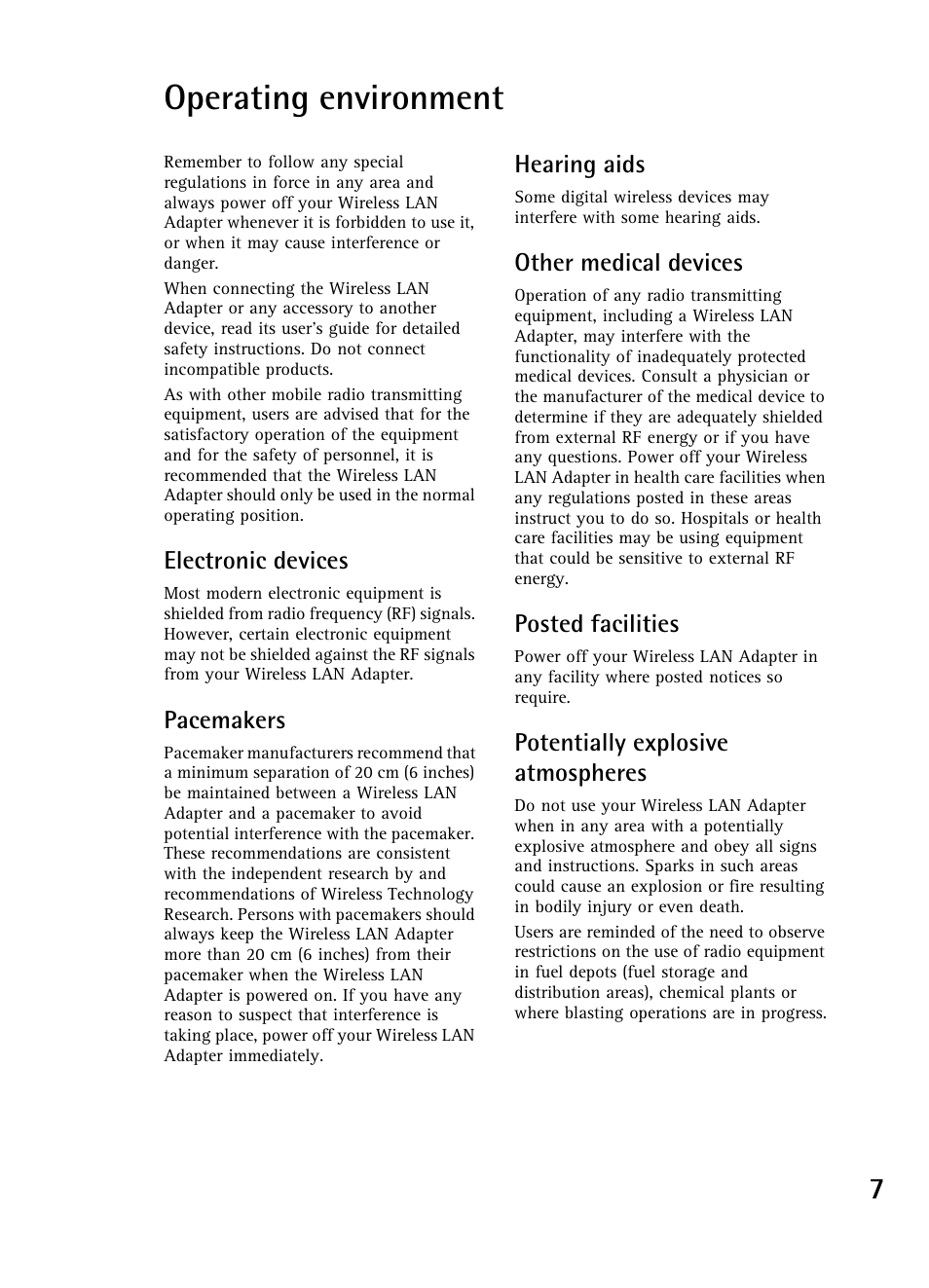 Operating environment | Nokia WIRELESS LAN ADAPTER A040 User Manual | Page 7 / 10