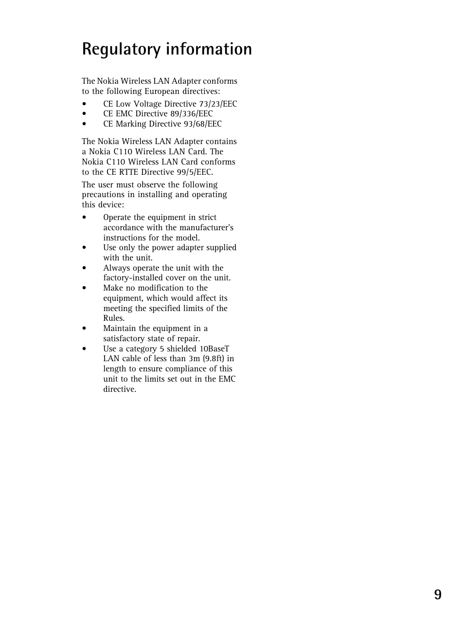 Regulatory information | Nokia WIRELESS LAN ADAPTER A040 User Manual | Page 9 / 10