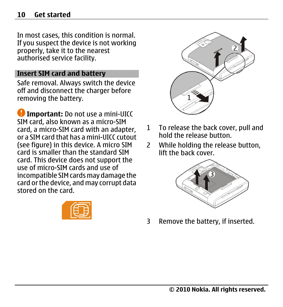 Insert sim card and battery | Nokia X5-01 User Manual | Page 10 / 130