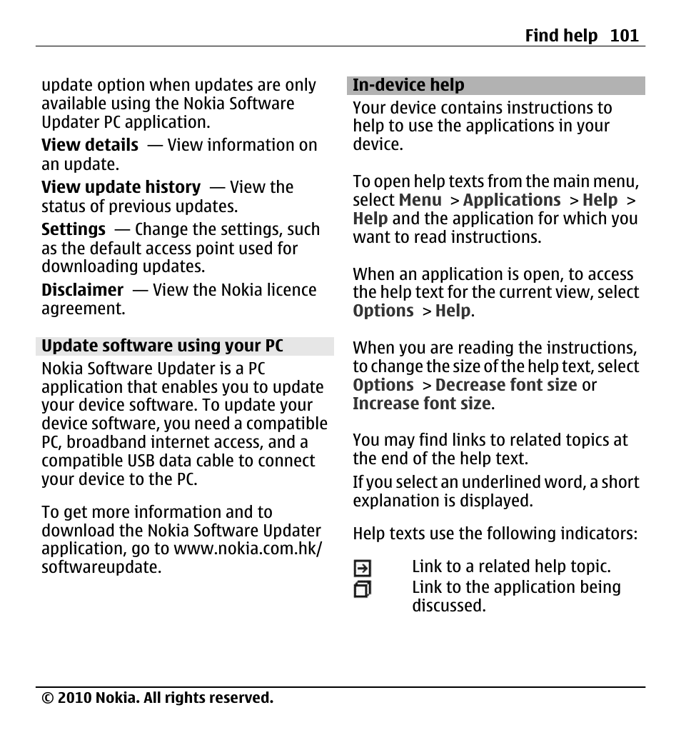 Update software using your pc, In-device help | Nokia X5-01 User Manual | Page 101 / 130