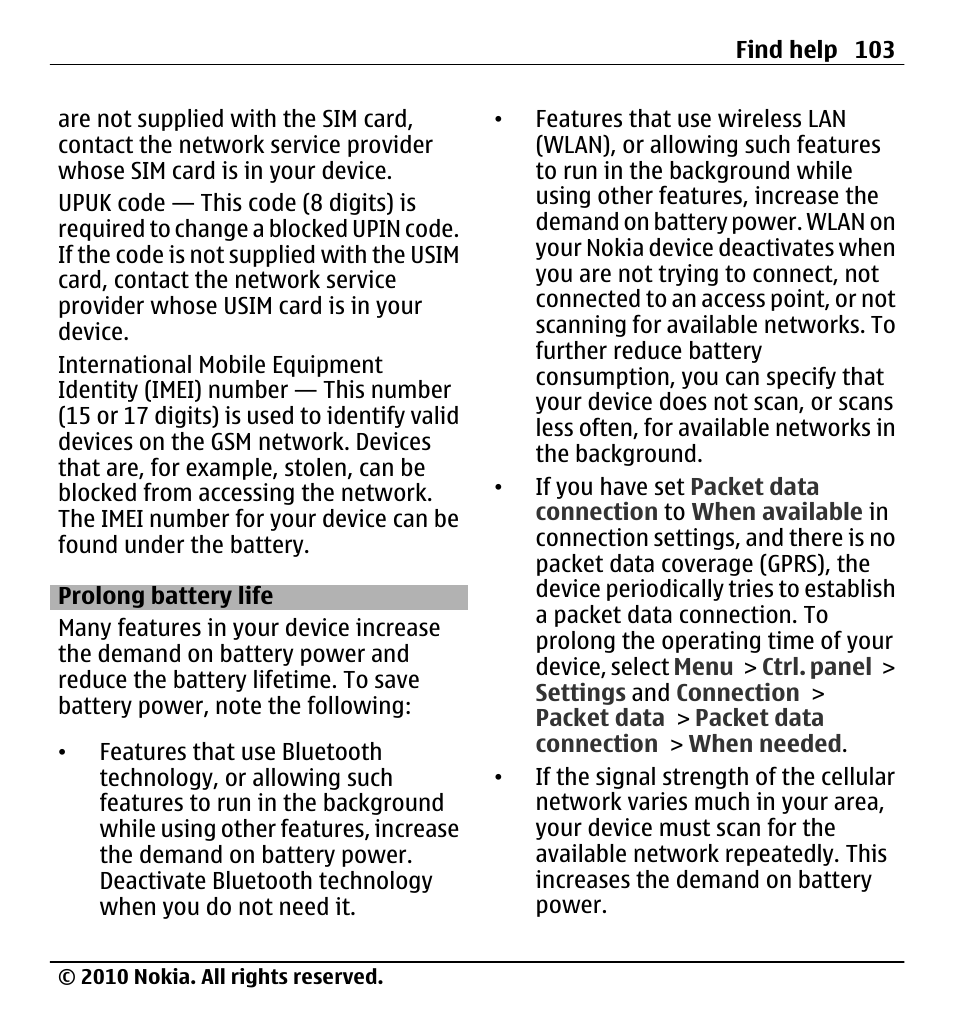 Prolong battery life | Nokia X5-01 User Manual | Page 103 / 130