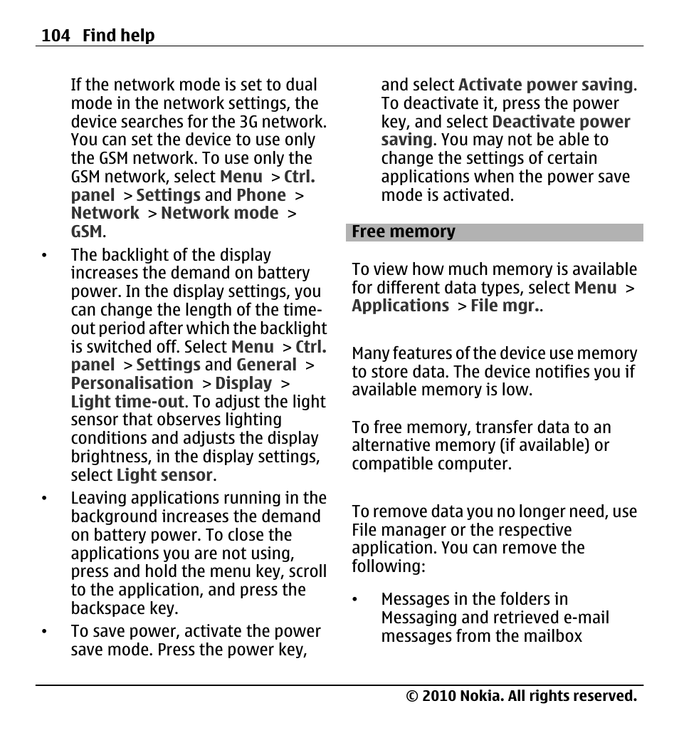 Free memory | Nokia X5-01 User Manual | Page 104 / 130