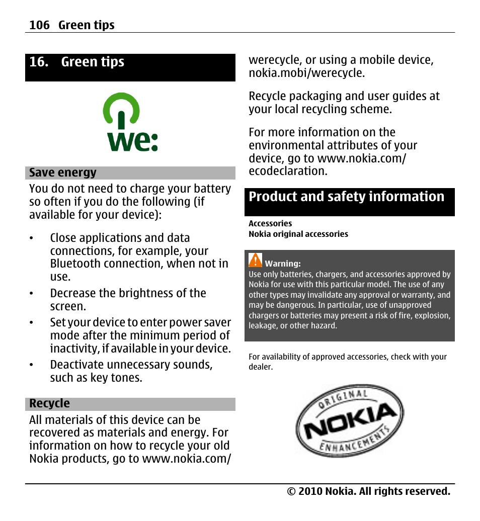 Green tips, Save energy, Recycle | Product and safety information, Accessories, Nokia original accessories, Product and safety information 106 | Nokia X5-01 User Manual | Page 106 / 130