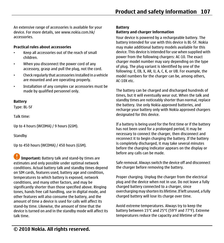 Practical rules about accessories, Battery, Battery and charger information | Product and safety information 107, 2010 nokia. all rights reserved | Nokia X5-01 User Manual | Page 107 / 130