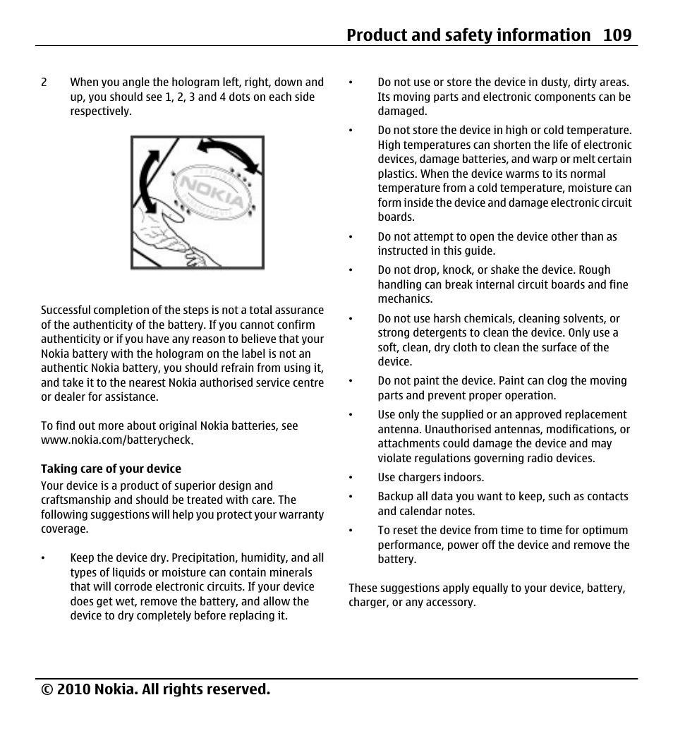 Taking care of your device, Product and safety information 109, 2010 nokia. all rights reserved | Nokia X5-01 User Manual | Page 109 / 130