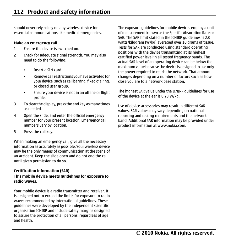 Certification information (sar), 112 product and safety information, 2010 nokia. all rights reserved | Nokia X5-01 User Manual | Page 112 / 130