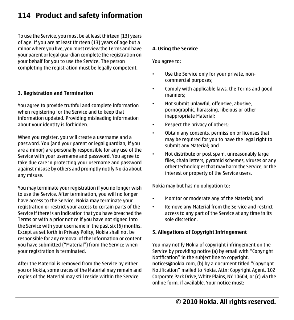 114 product and safety information, 2010 nokia. all rights reserved | Nokia X5-01 User Manual | Page 114 / 130