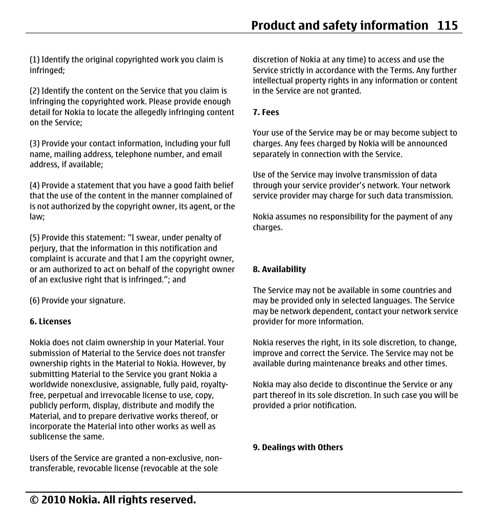 Product and safety information 115, 2010 nokia. all rights reserved | Nokia X5-01 User Manual | Page 115 / 130