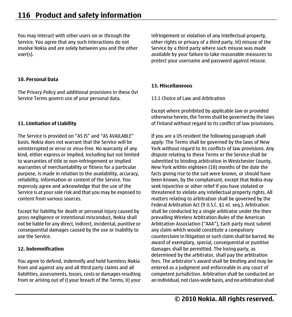 116 product and safety information, 2010 nokia. all rights reserved | Nokia X5-01 User Manual | Page 116 / 130