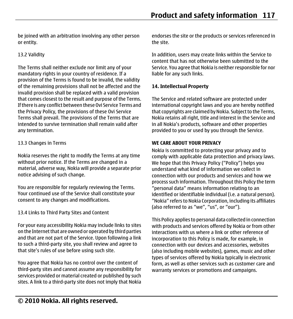 We care about your privacy, Product and safety information 117, 2010 nokia. all rights reserved | Nokia X5-01 User Manual | Page 117 / 130