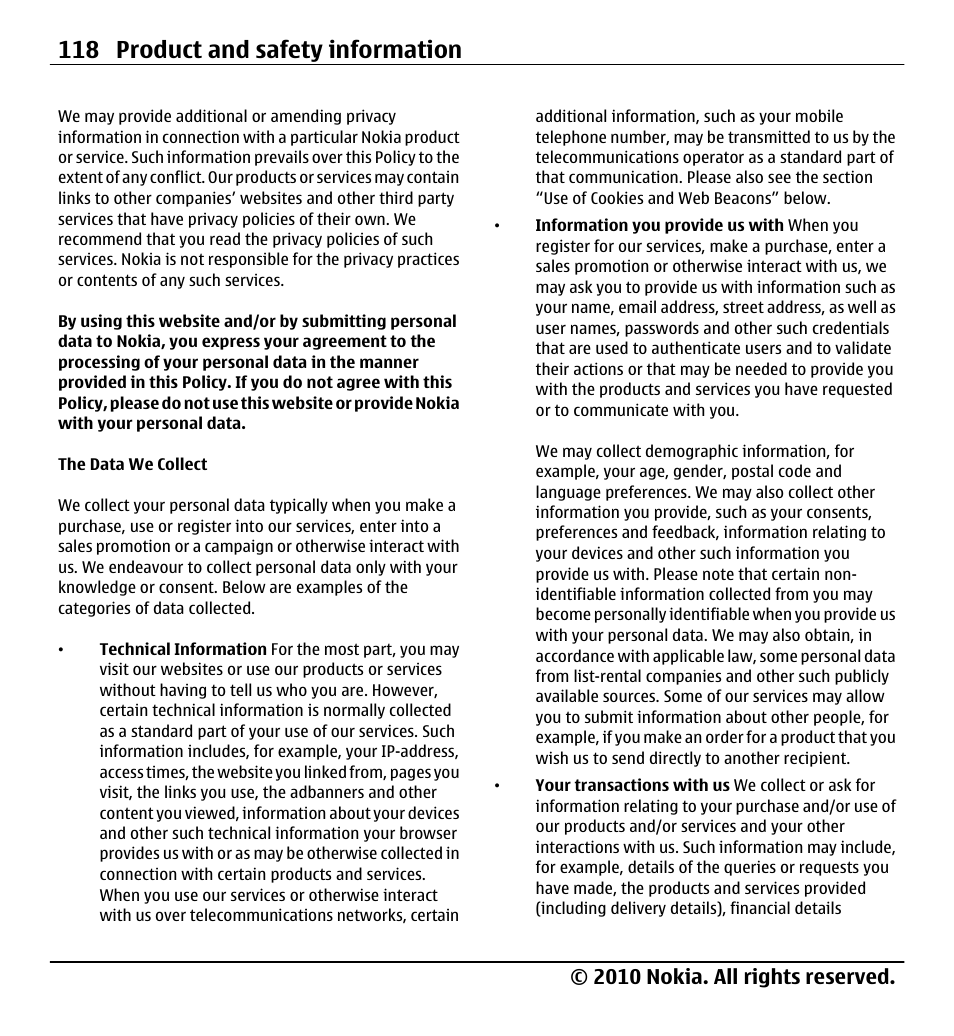 118 product and safety information, 2010 nokia. all rights reserved | Nokia X5-01 User Manual | Page 118 / 130