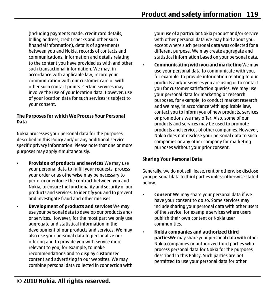 Product and safety information 119, 2010 nokia. all rights reserved | Nokia X5-01 User Manual | Page 119 / 130