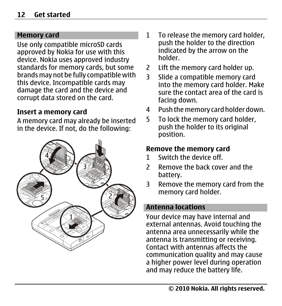 Memory card, Antenna locations | Nokia X5-01 User Manual | Page 12 / 130