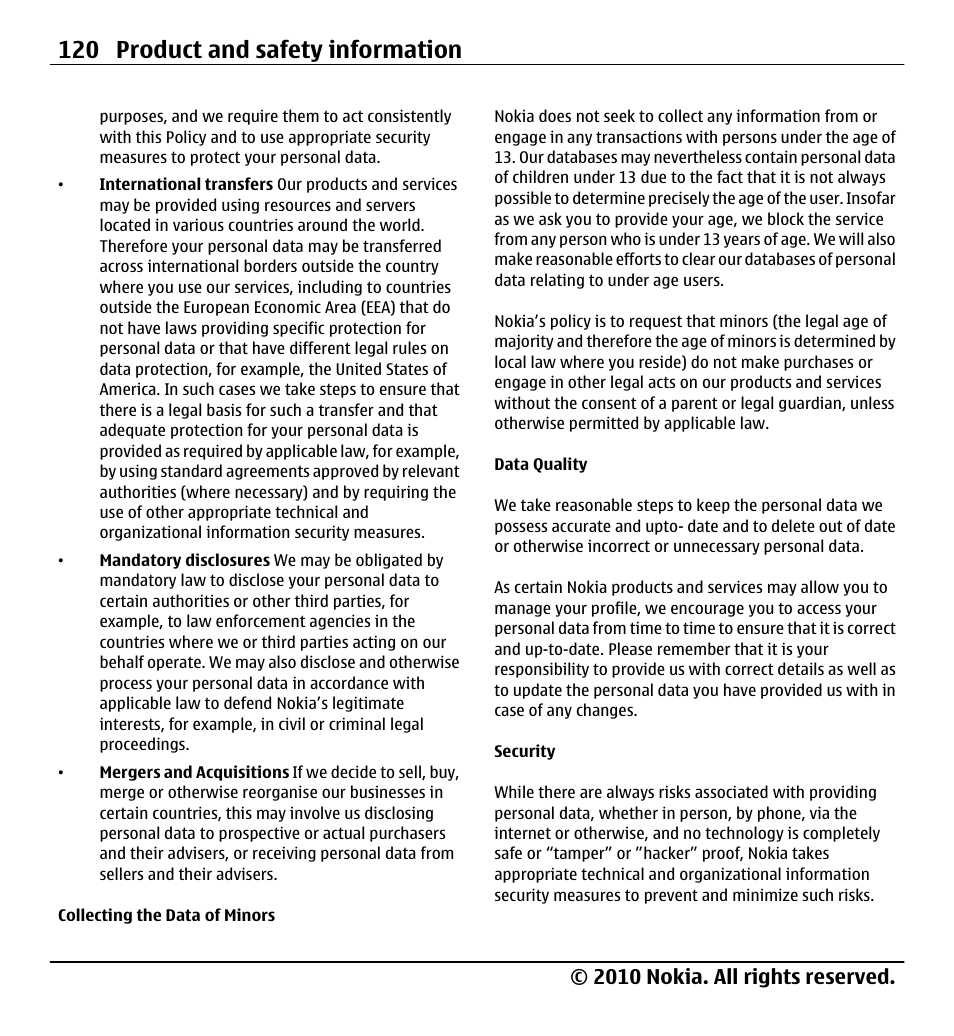 120 product and safety information, 2010 nokia. all rights reserved | Nokia X5-01 User Manual | Page 120 / 130