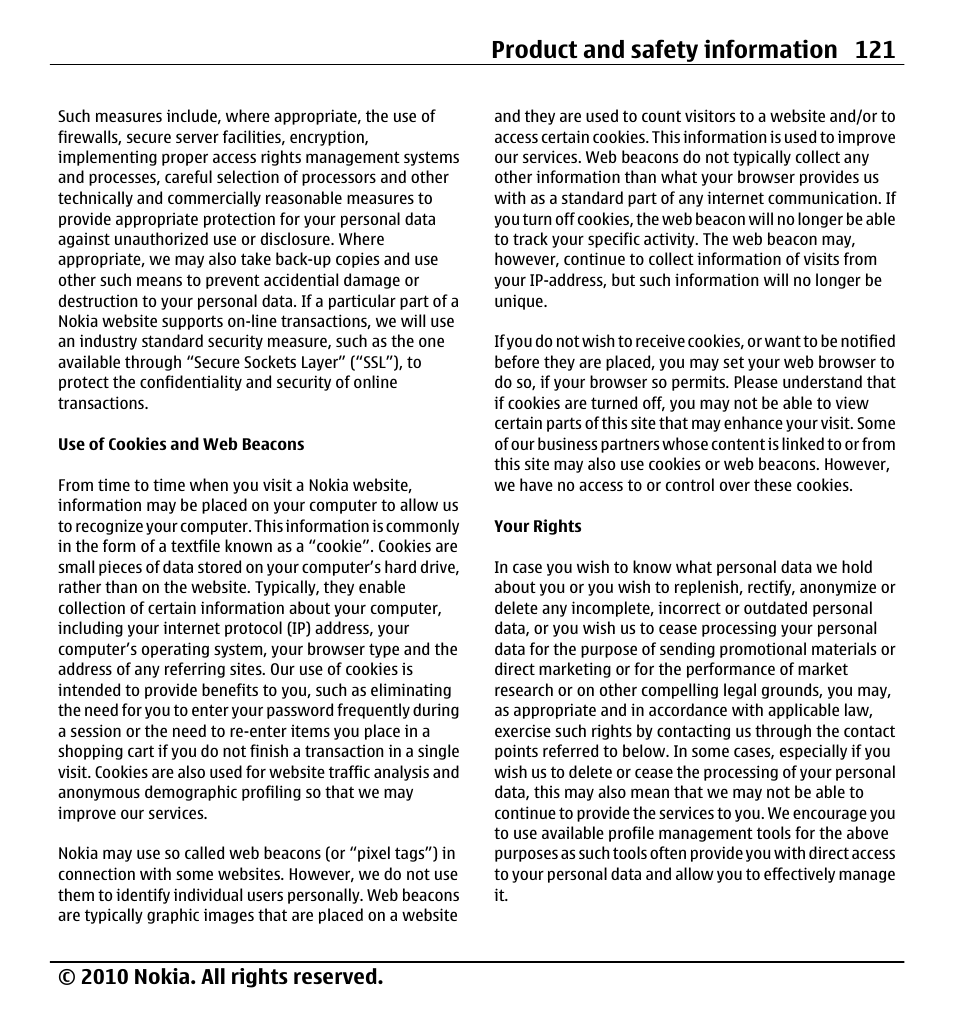 Product and safety information 121, 2010 nokia. all rights reserved | Nokia X5-01 User Manual | Page 121 / 130