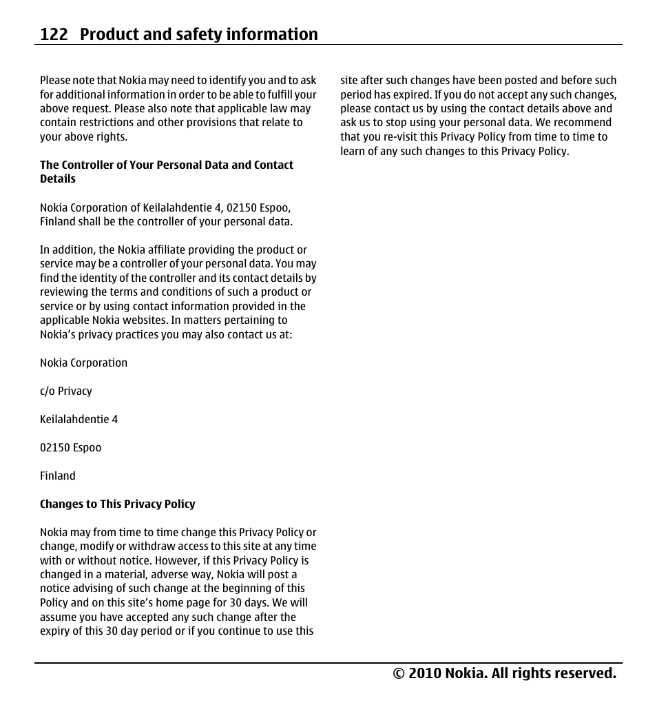 122 product and safety information, 2010 nokia. all rights reserved | Nokia X5-01 User Manual | Page 122 / 130
