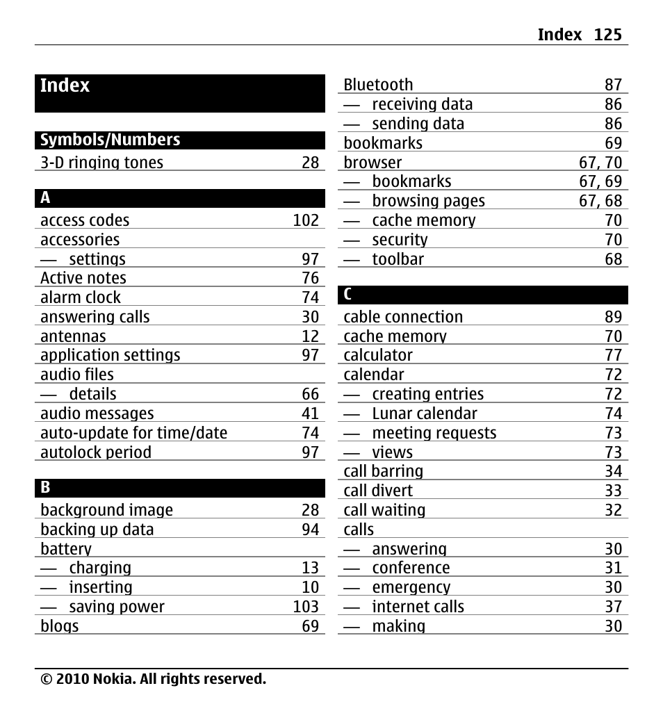 Index | Nokia X5-01 User Manual | Page 125 / 130