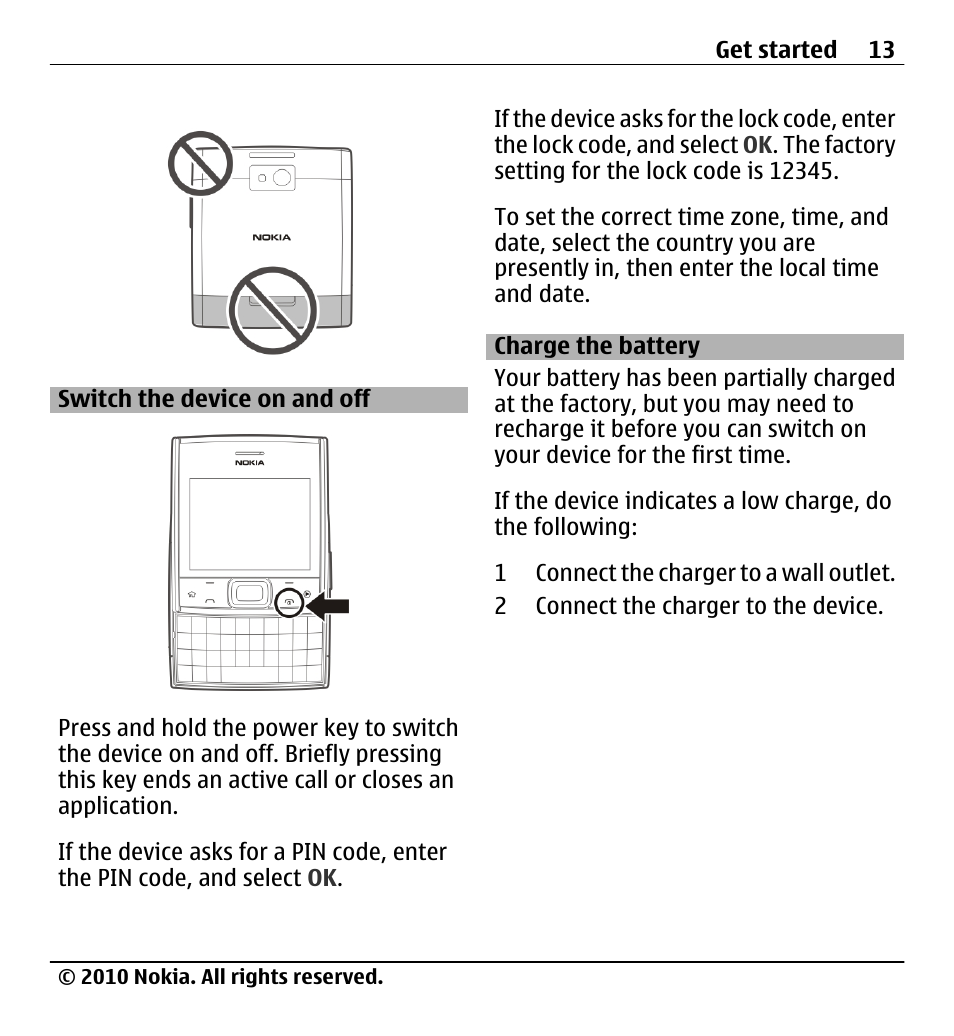 Switch the device on and off, Charge the battery | Nokia X5-01 User Manual | Page 13 / 130