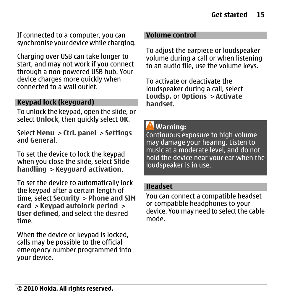 Keypad lock (keyguard), Volume control, Headset | Nokia X5-01 User Manual | Page 15 / 130