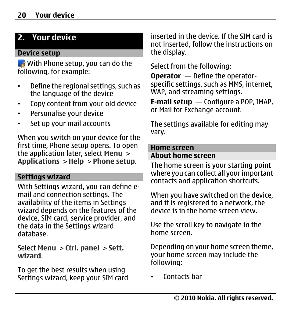 Your device, Device setup, Settings wizard | Home screen, About home screen | Nokia X5-01 User Manual | Page 20 / 130