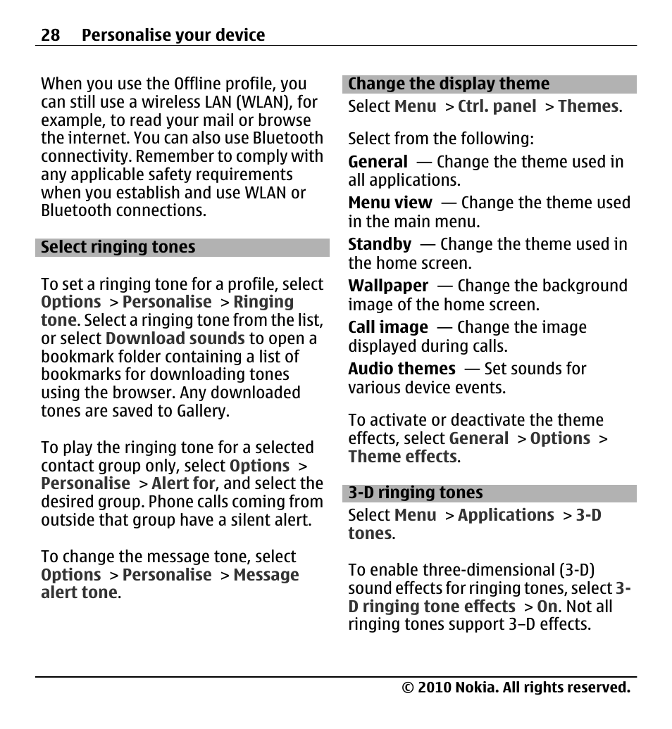 Select ringing tones, Change the display theme, D ringing tones | Nokia X5-01 User Manual | Page 28 / 130